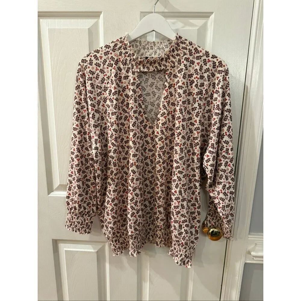 Torrid Mixed Print Cream & Rust Keyhole Elastic Hem Blouse sz 2X EUC
